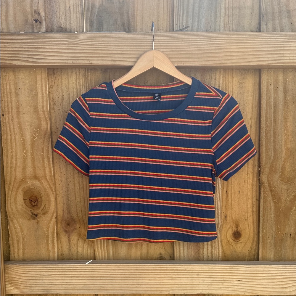 SHEIN Navy and Orange Striped Crop Top